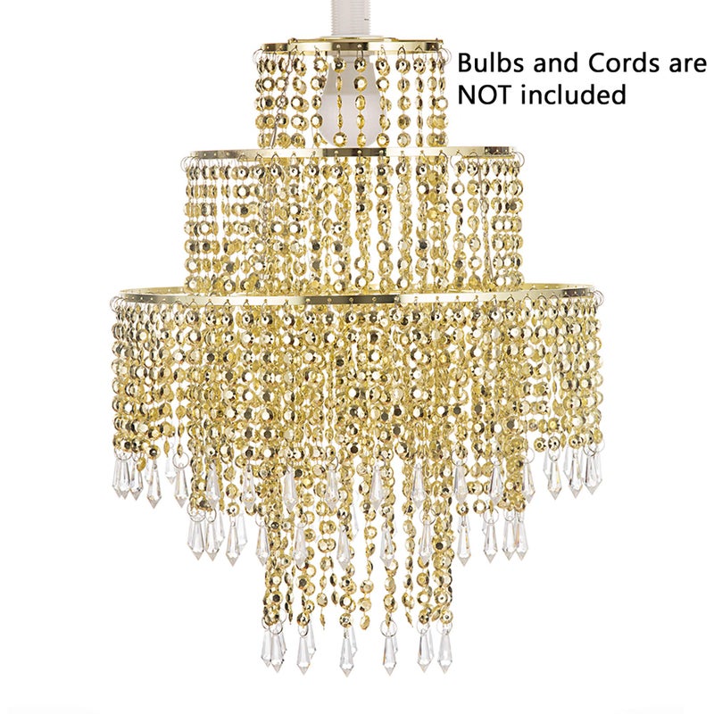 Waneway Acrylic Chandelier Shade, Ceiling Light Shade Beaded Pendant Lampshade with Crystal Beads and Gold Frame for Bedroom, Wedding or Party Decoration, Diameter 12.6 inches, 3 Tiers, Gold - Image 2